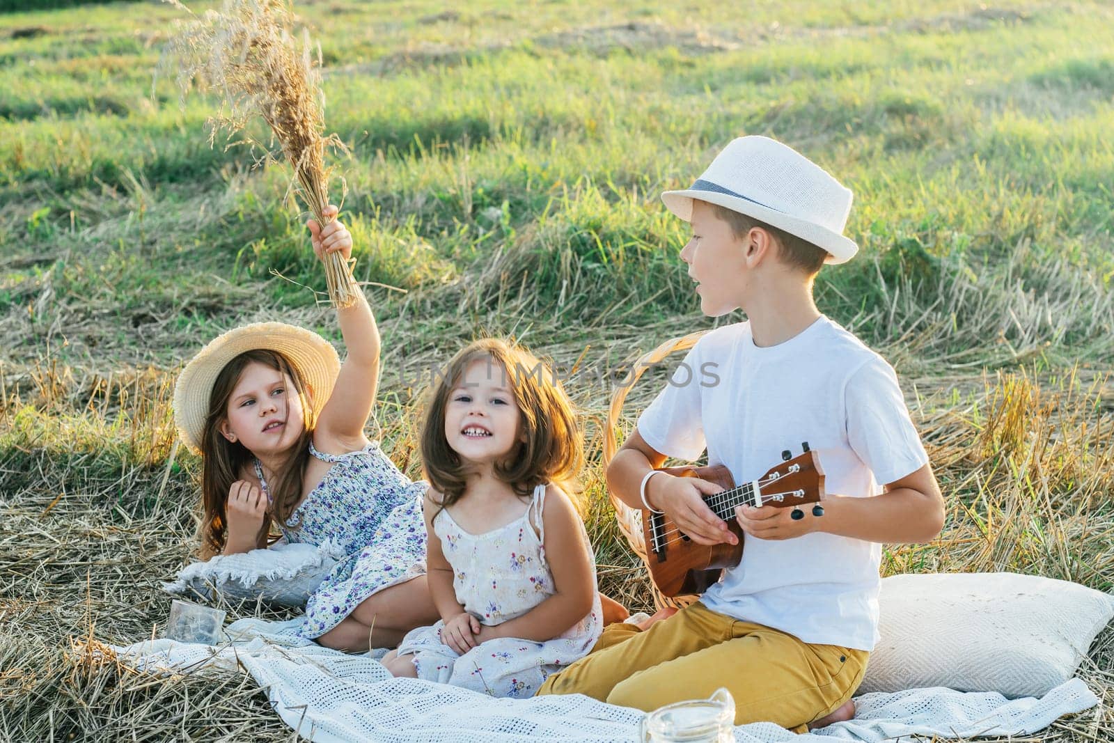 Handsome little boy play ukulele sitting on blanket on field, girl hold bunch of dry grass. Children resting on grass. Outdoor picnic. Friends play together. Summer vacation, countryside lifestyle.