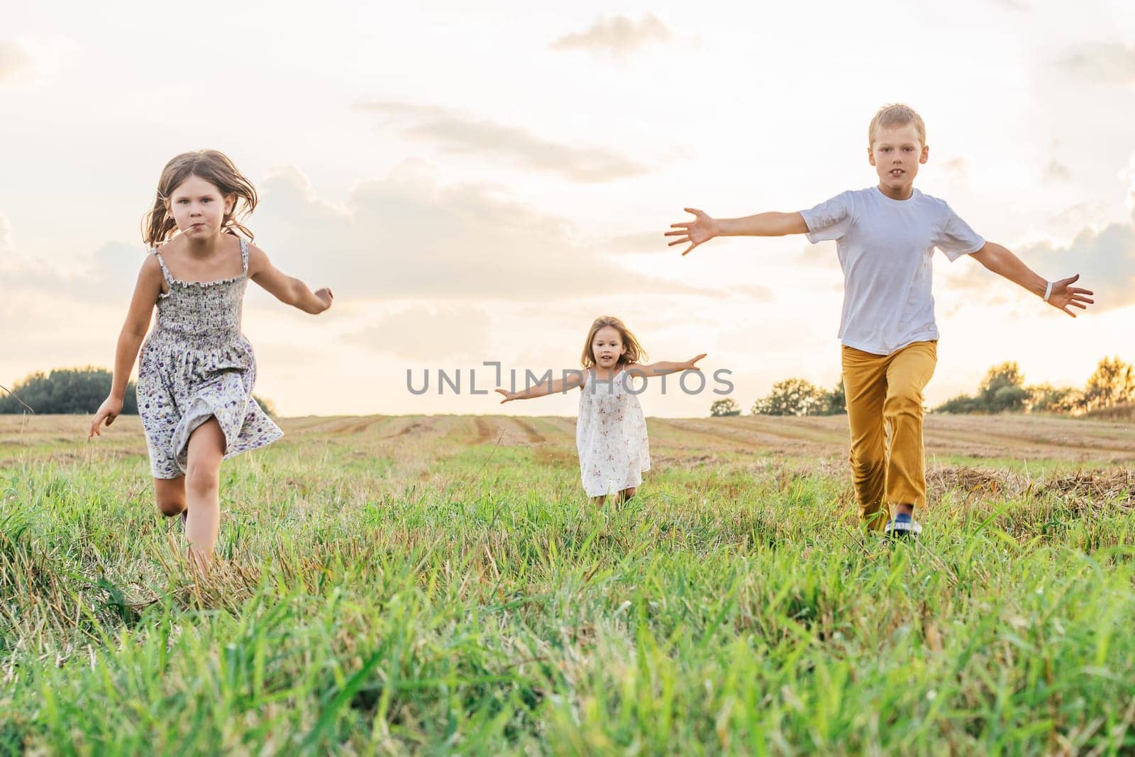Happy little children joyfully run forward across field waving arms wide. Carefree kids on grassy meadow. Outdoor walking. Beautiful sunny sky. Summer vacation, countryside lifestyle.