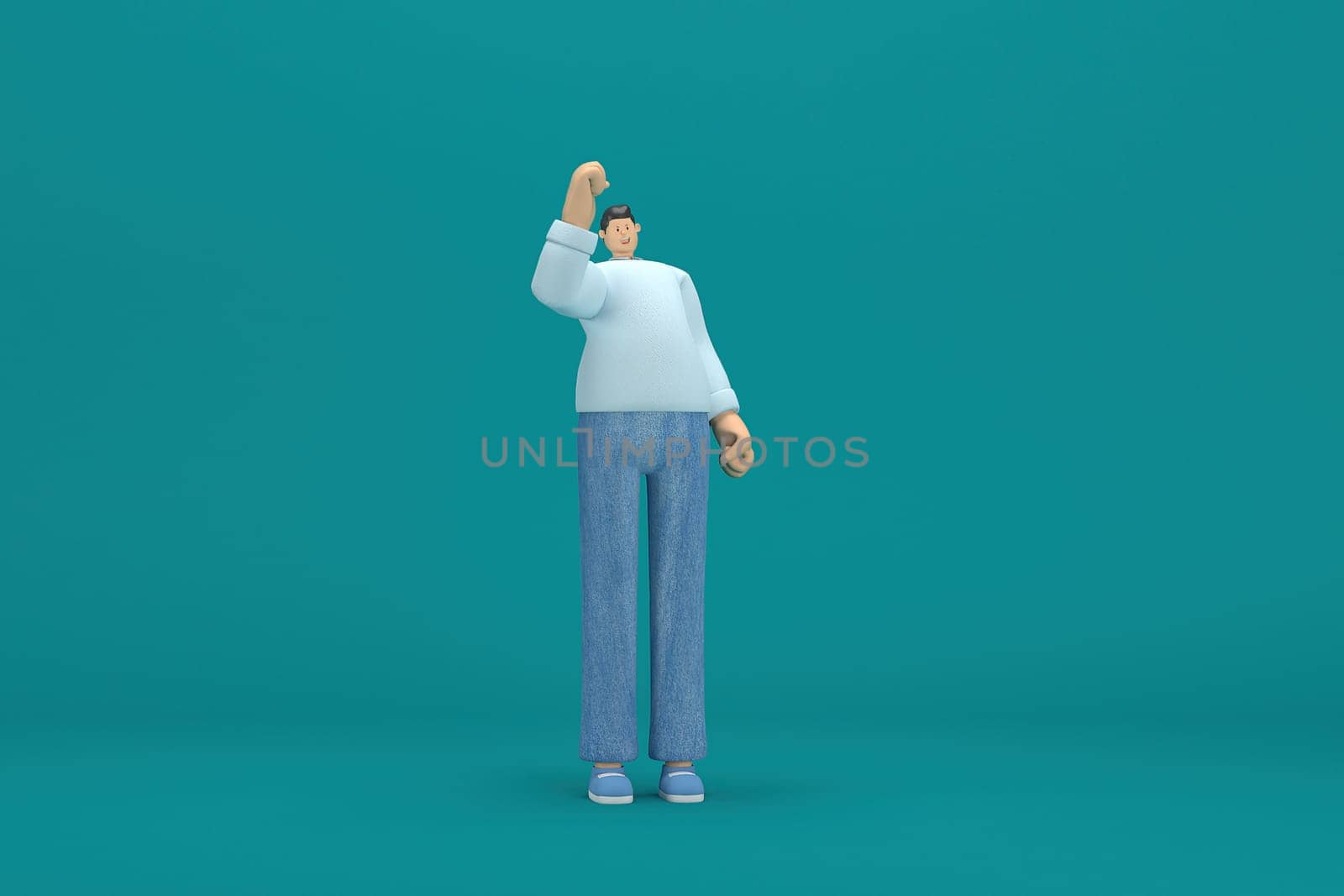 cartoon character wearing jeans and  long shirt. He is expression  of body and hand when talking. 3d rendering in acting.