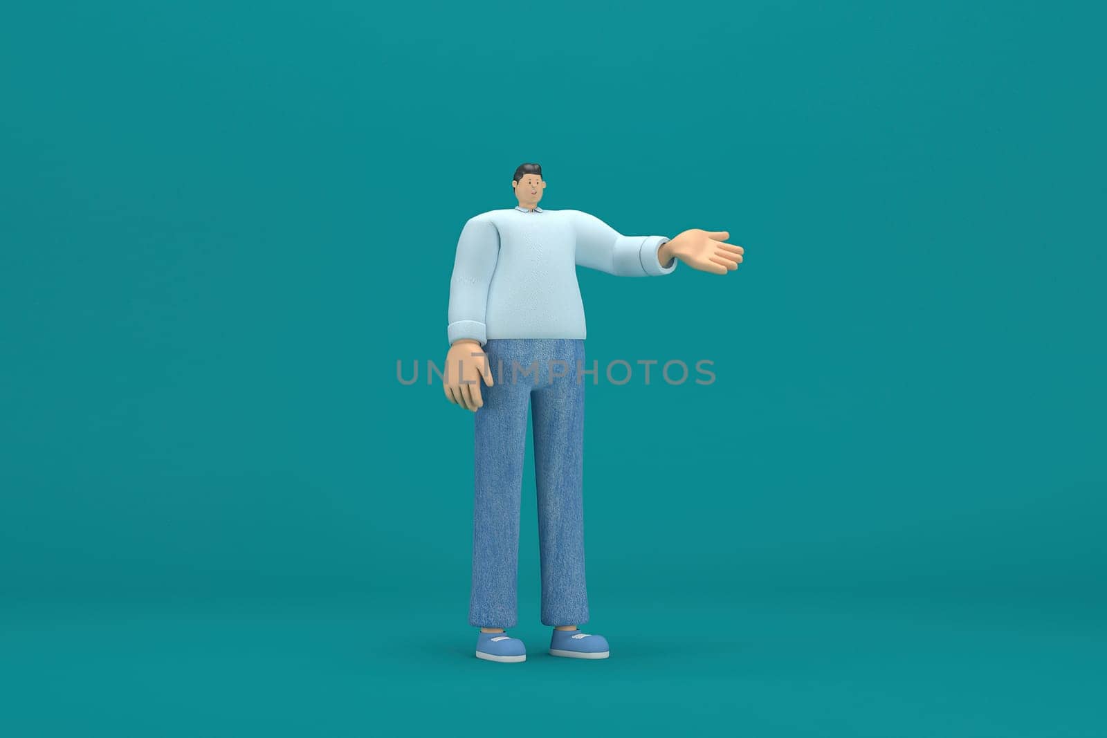 cartoon character wearing jeans and  long shirt. He is expression  of body and hand when talking. 3d rendering in acting.