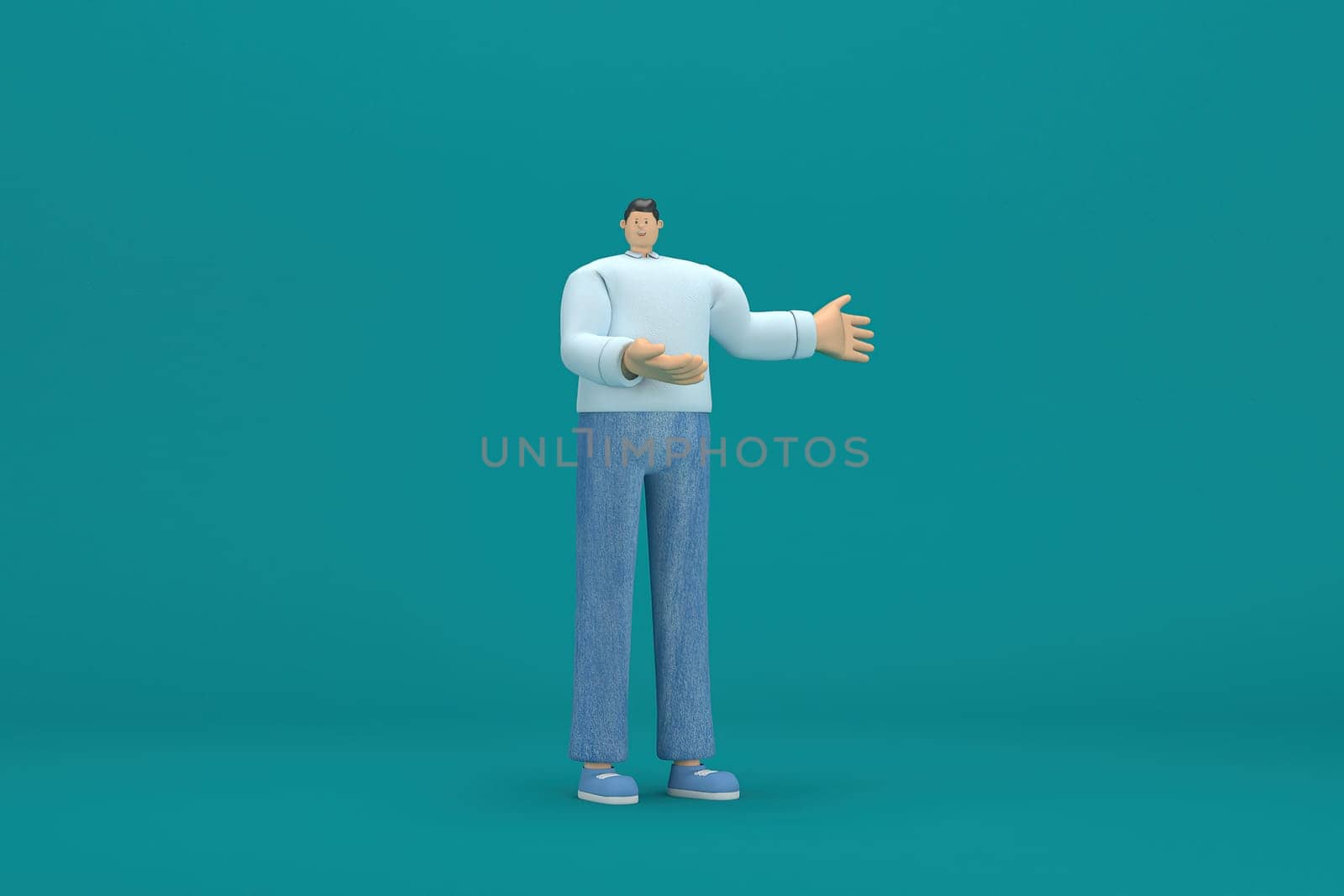 cartoon character wearing jeans and  long shirt. He is expression  of body and hand when talking. 3d rendering in acting.