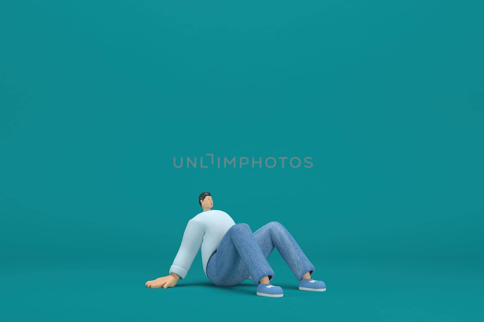 cartoon character wearing jeans and  long shirt. He is expression  of body and hand when talking. 3d rendering in acting.