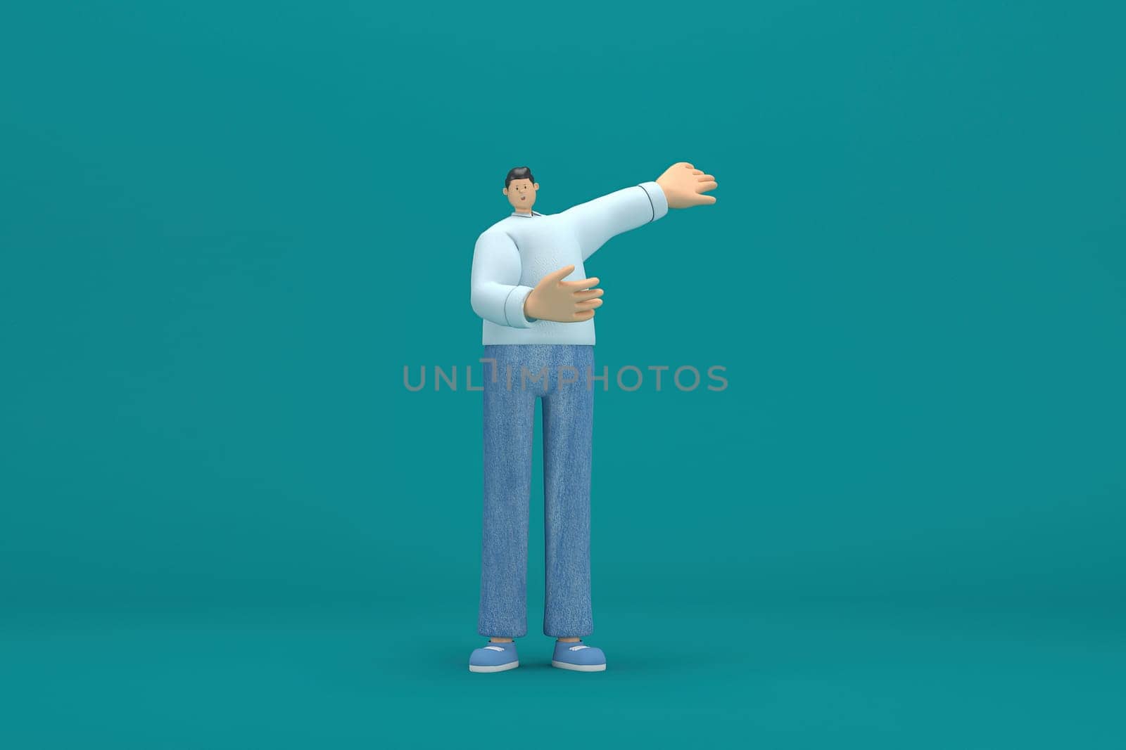 cartoon character wearing jeans and  long shirt. He is expression  of body and hand when talking. 3d rendering in acting.