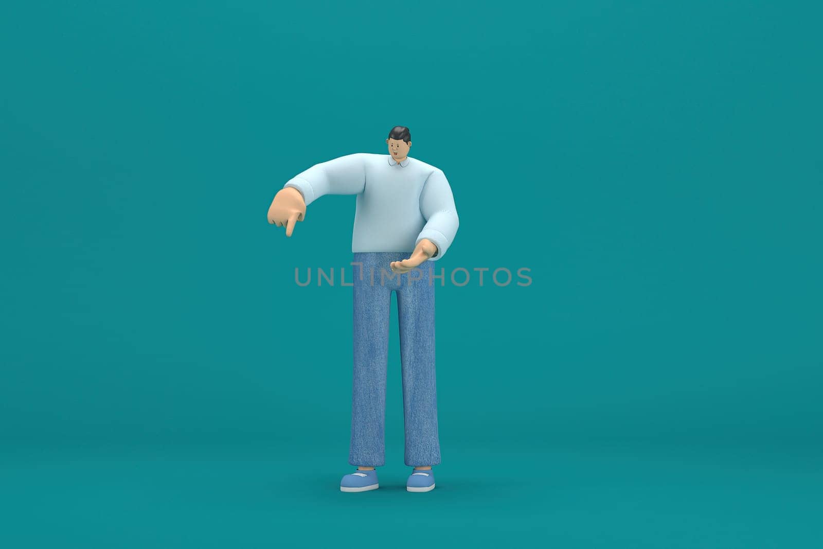 cartoon character wearing jeans and  long shirt. He is expression  of body and hand when talking. 3d rendering in acting.