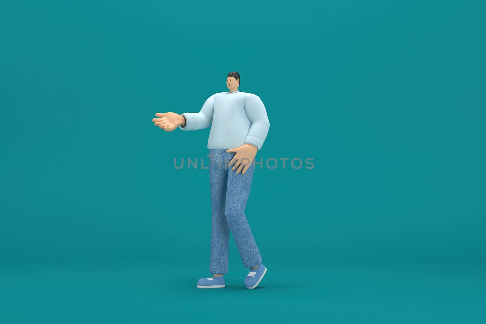 cartoon character wearing jeans and  long shirt. He is expression  of body and hand when talking. 3d rendering in acting.
