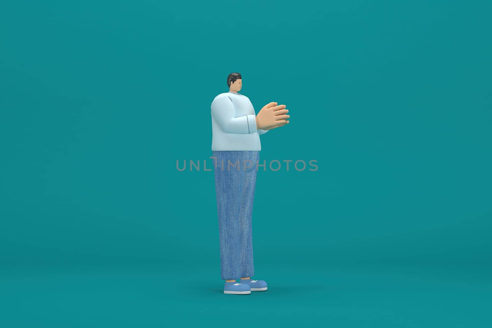 cartoon character wearing jeans and  long shirt. He is expression  of body and hand when talking. 3d rendering in acting.
