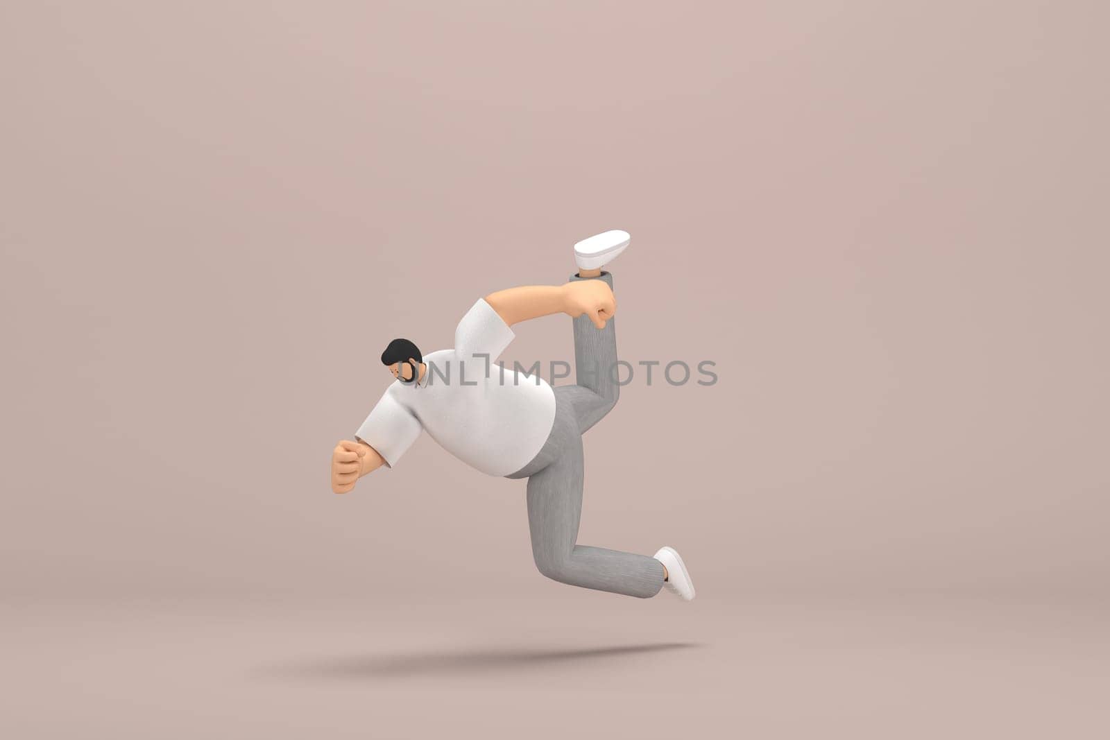 The man with beard wearinggray corduroy pants and white collar t-shirt.  3d illustrator of cartoon character in acting. He is falling down.