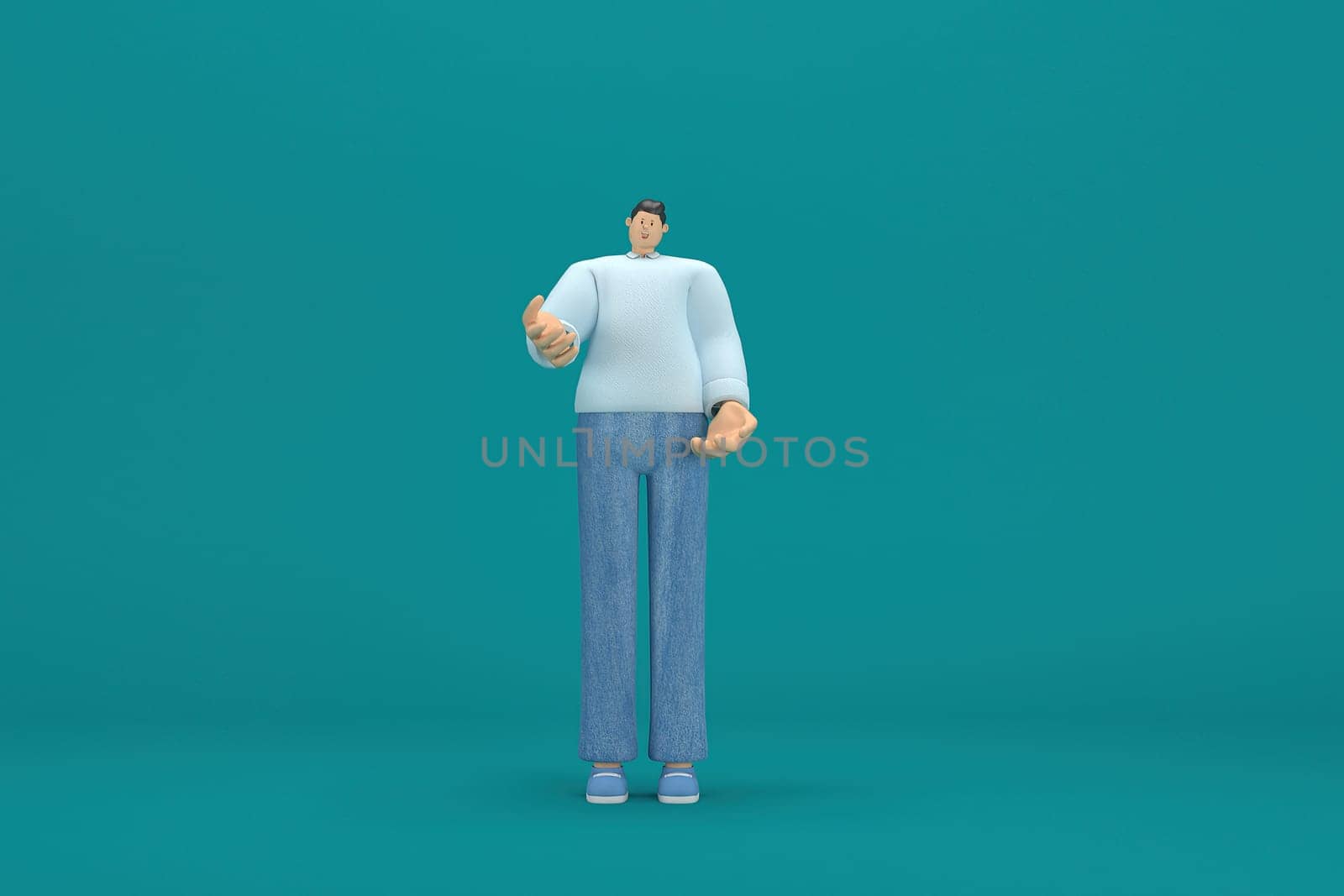 cartoon character wearing jeans and  long shirt. He is expression  of body and hand when talking. 3d rendering in acting.