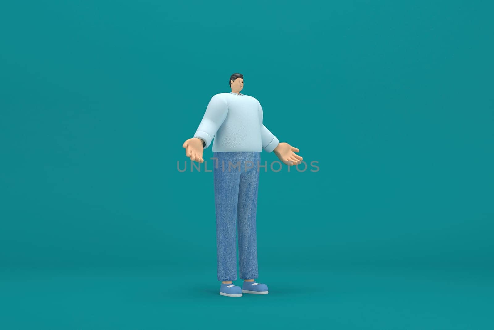 cartoon character wearing jeans and  long shirt. He is expression  of body and hand when talking. 3d rendering in acting.