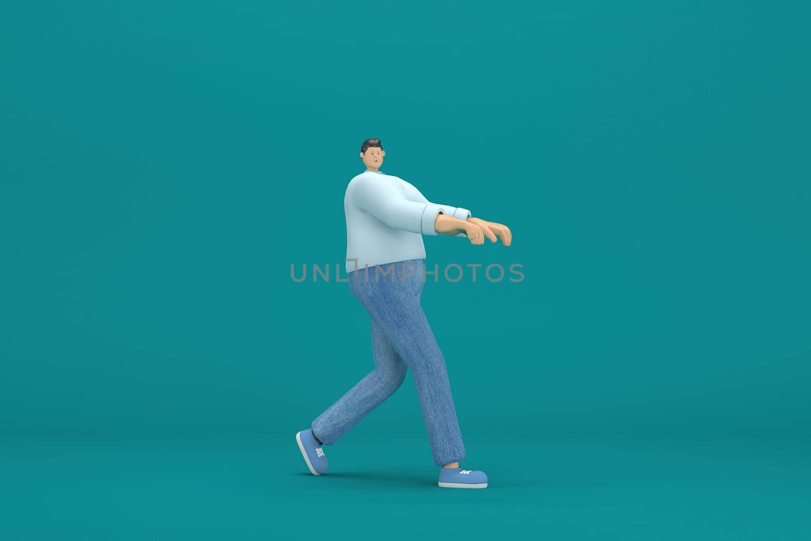 cartoon character wearing jeans and  long shirt. He is expression  of body and hand when talking. 3d rendering in acting.