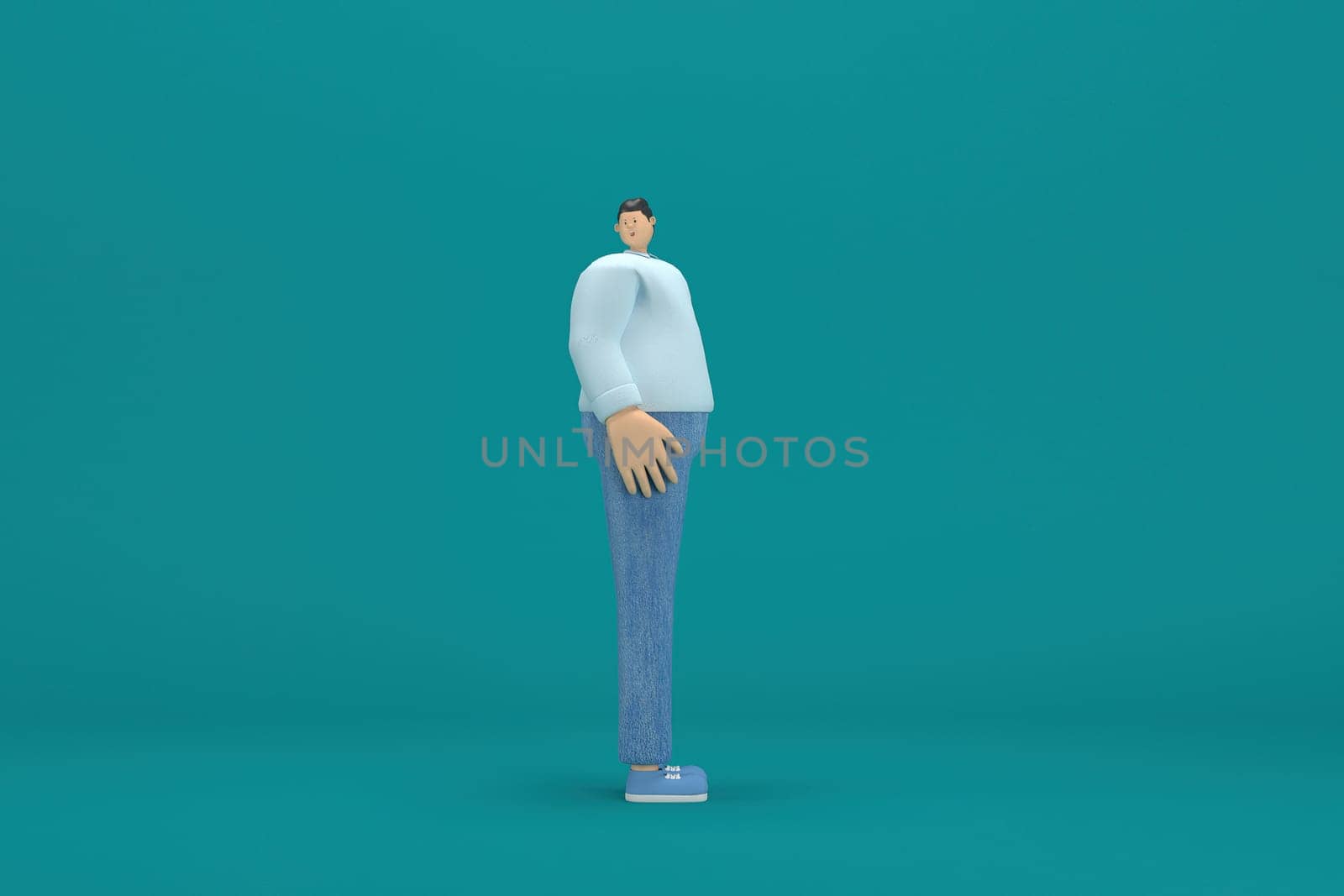 cartoon character wearing jeans and  long shirt. He is expression  of body and hand when talking. 3d rendering in acting.