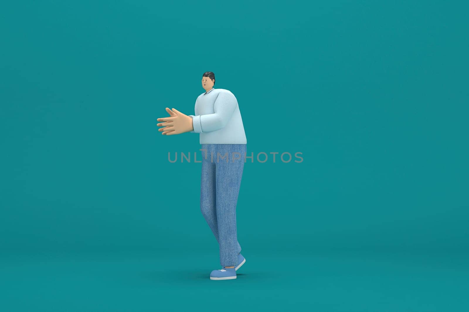cartoon character wearing jeans and  long shirt. He is expression  of body and hand when talking. 3d rendering in acting.