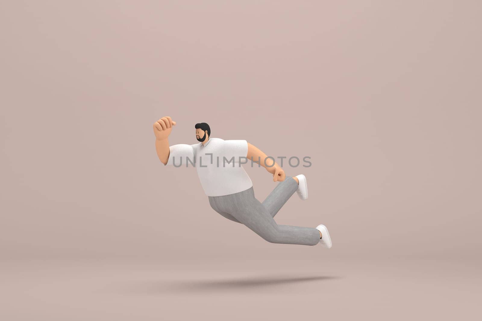 The man with beard wearinggray corduroy pants and white collar t-shirt.  3d illustrator of cartoon character in acting. He is falling down.