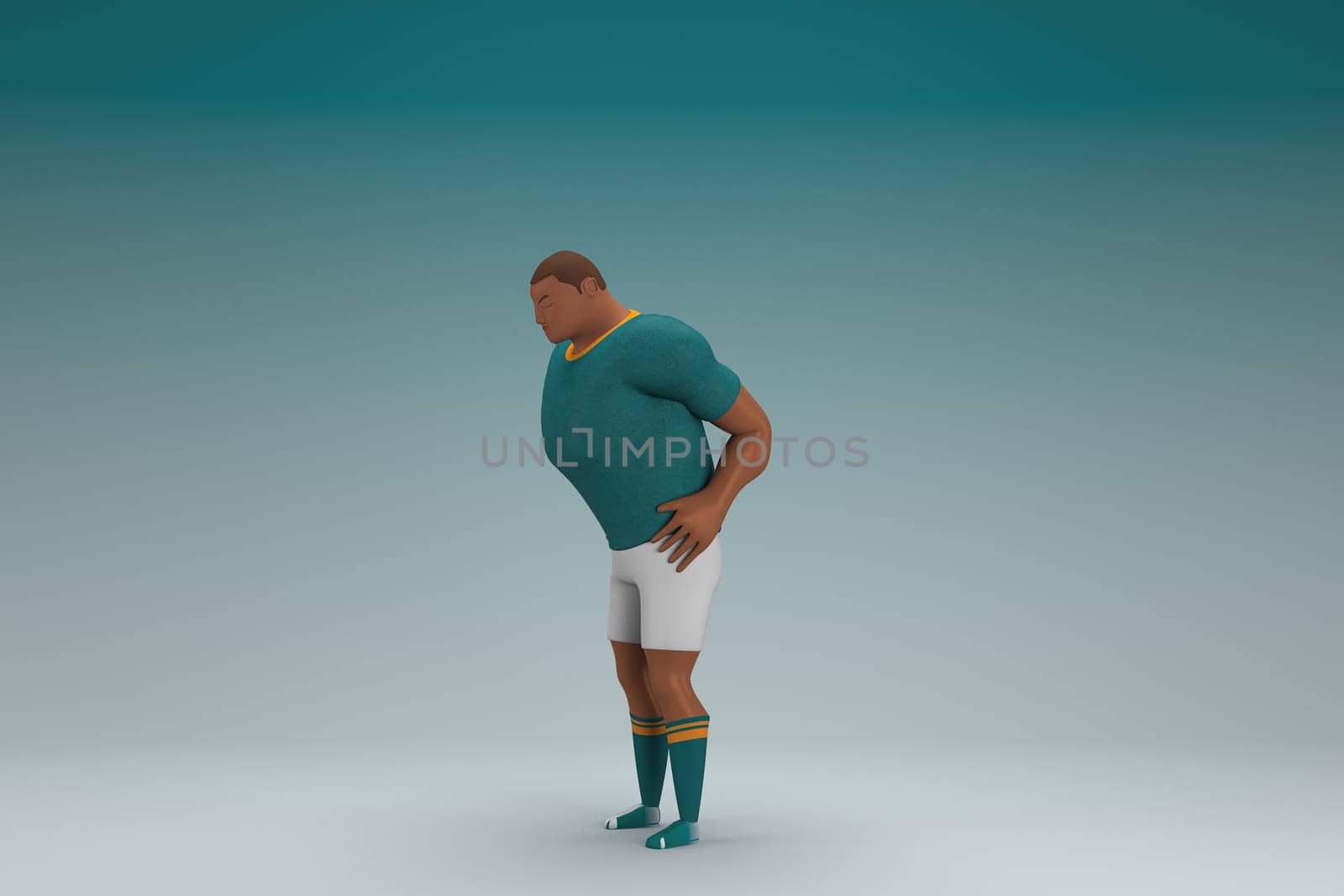 An athlete wearing a green shirt and white pants. He is sad or in pain. 3d rendering of cartoon character in acting.