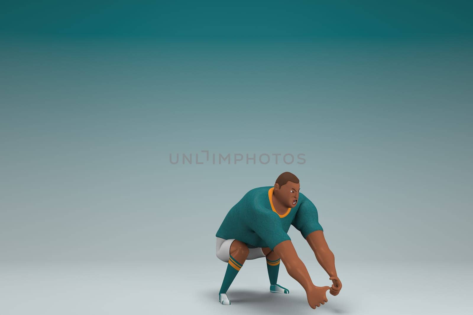 An athlete wearing a green shirt and white pants. He is pulling or pushing something. 3d rendering of cartoon character in acting.
