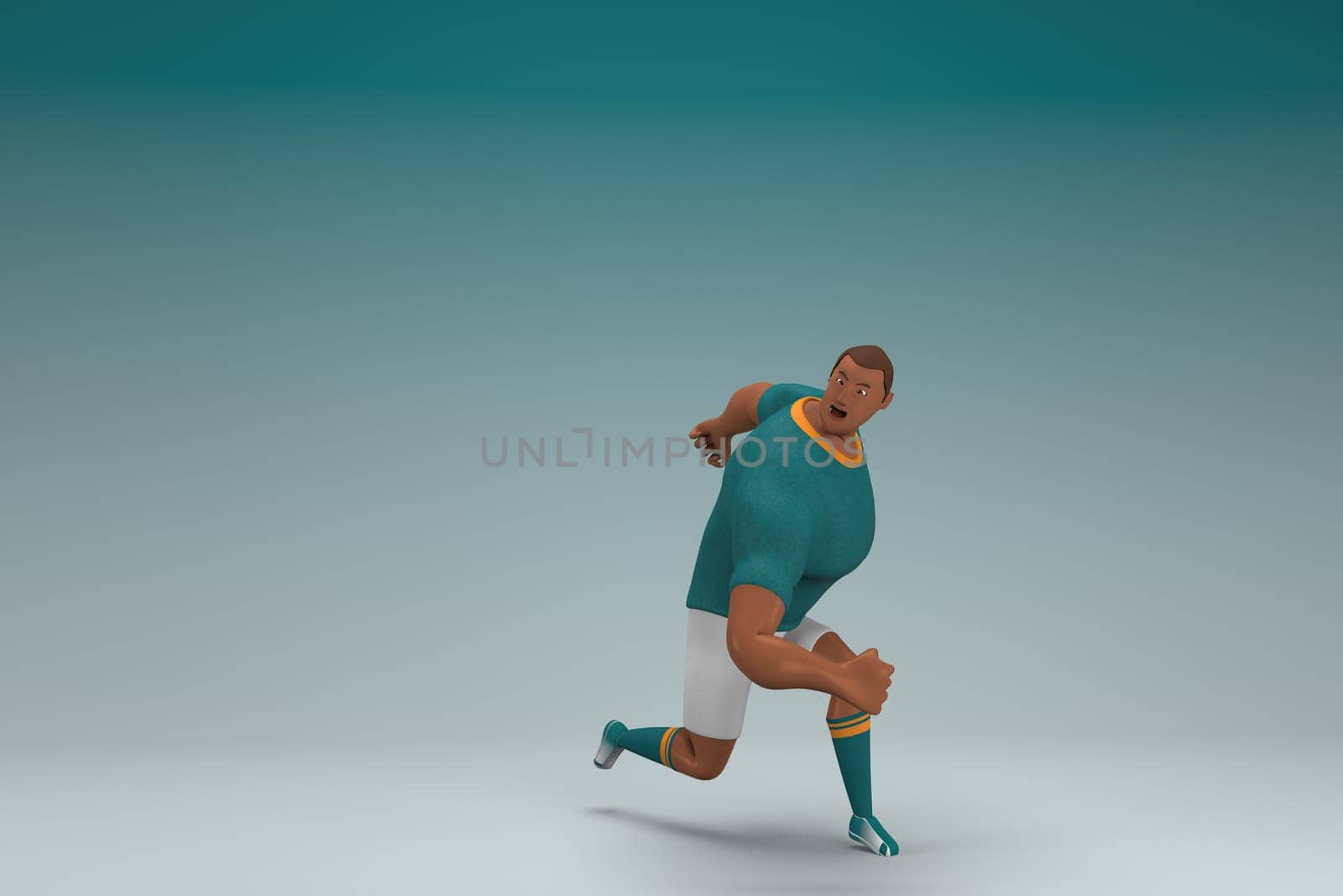 An athlete wearing a green shirt and white pants is runing. 3d rendering of cartoon character in acting.
