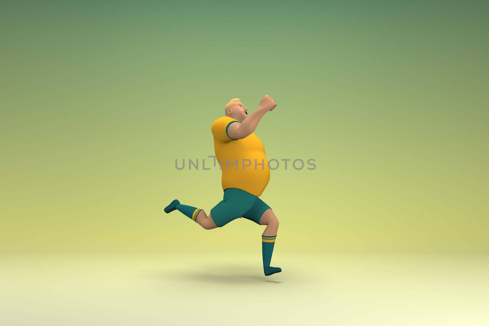 An athlete wearing a yellow shirt and green pants is runing. 3d rendering of cartoon character in acting.
