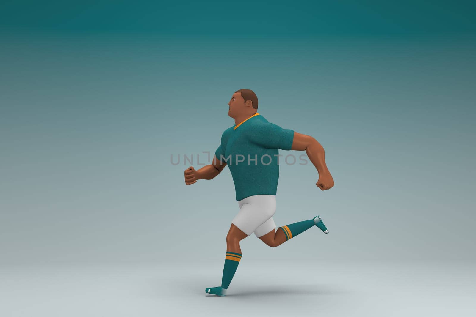 An athlete wearing a green shirt and white pants is runing. 3d rendering of cartoon character in acting.