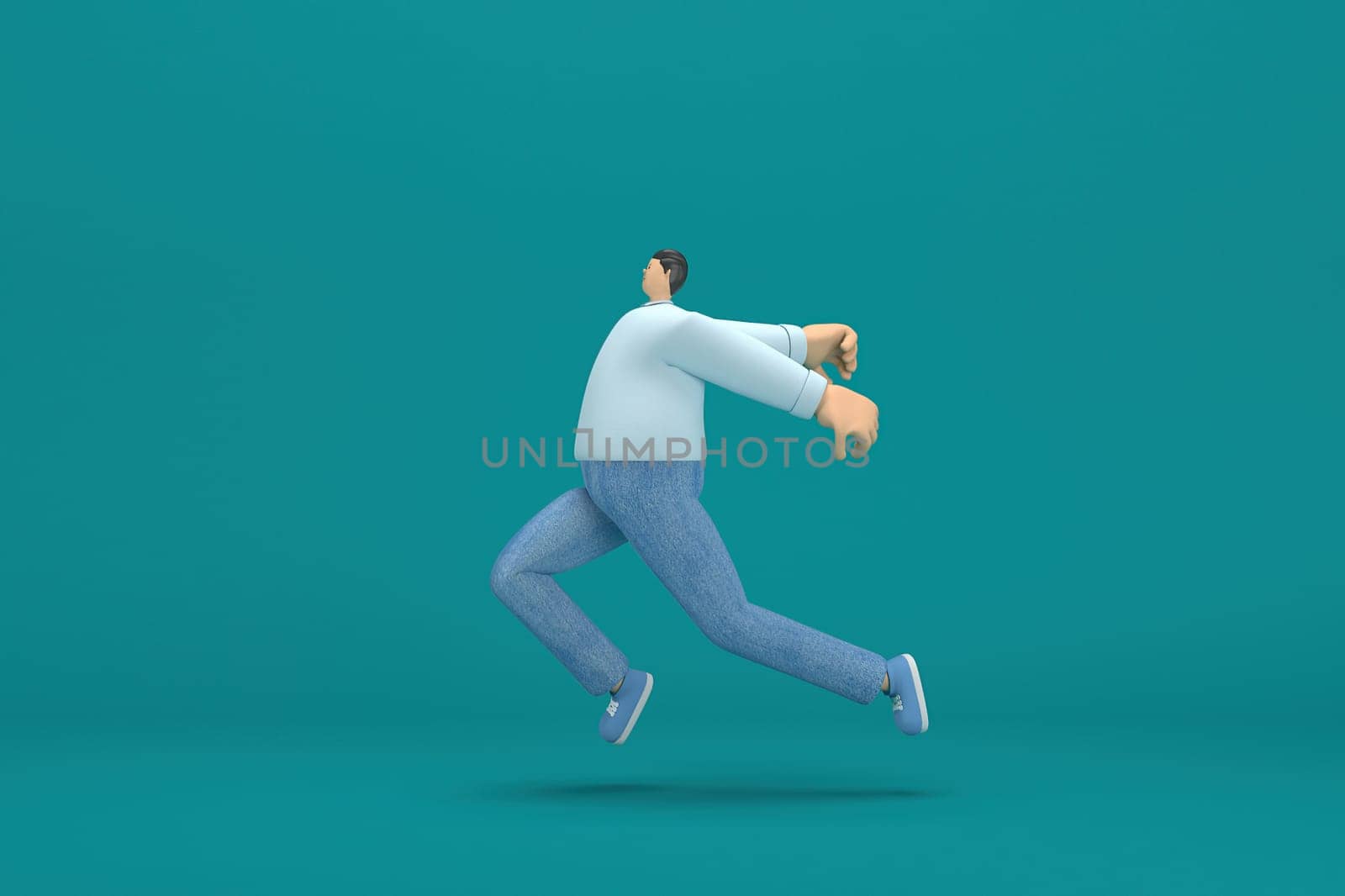 cartoon character wearing jeans white long shirt.  3d illustrator in acting. He is running.