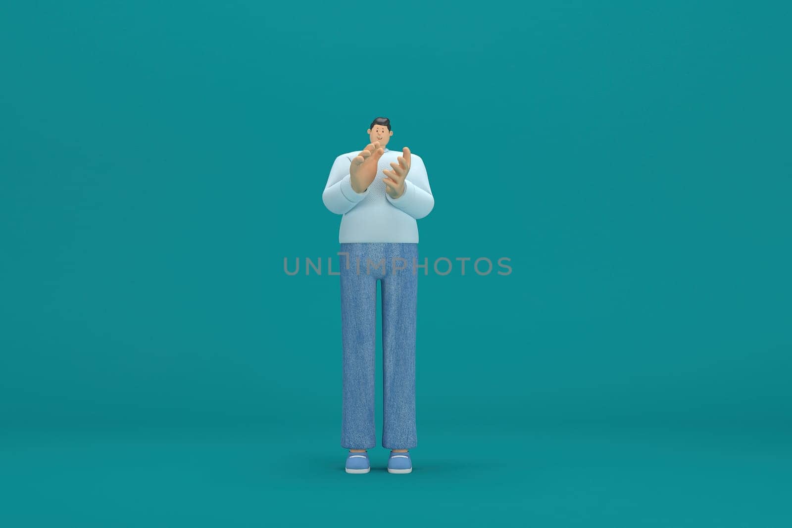 cartoon character wearing jeans and  long shirt. He is expression  of body and hand when talking. 3d rendering in acting.