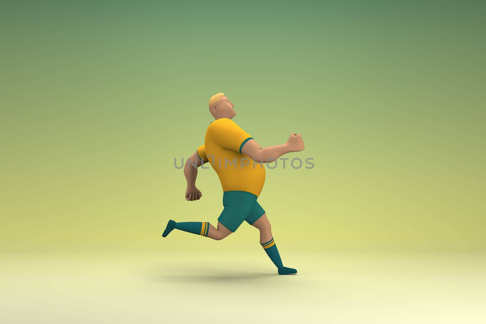 An athlete wearing a yellow shirt and green pants is runing. 3d rendering of cartoon character in acting.