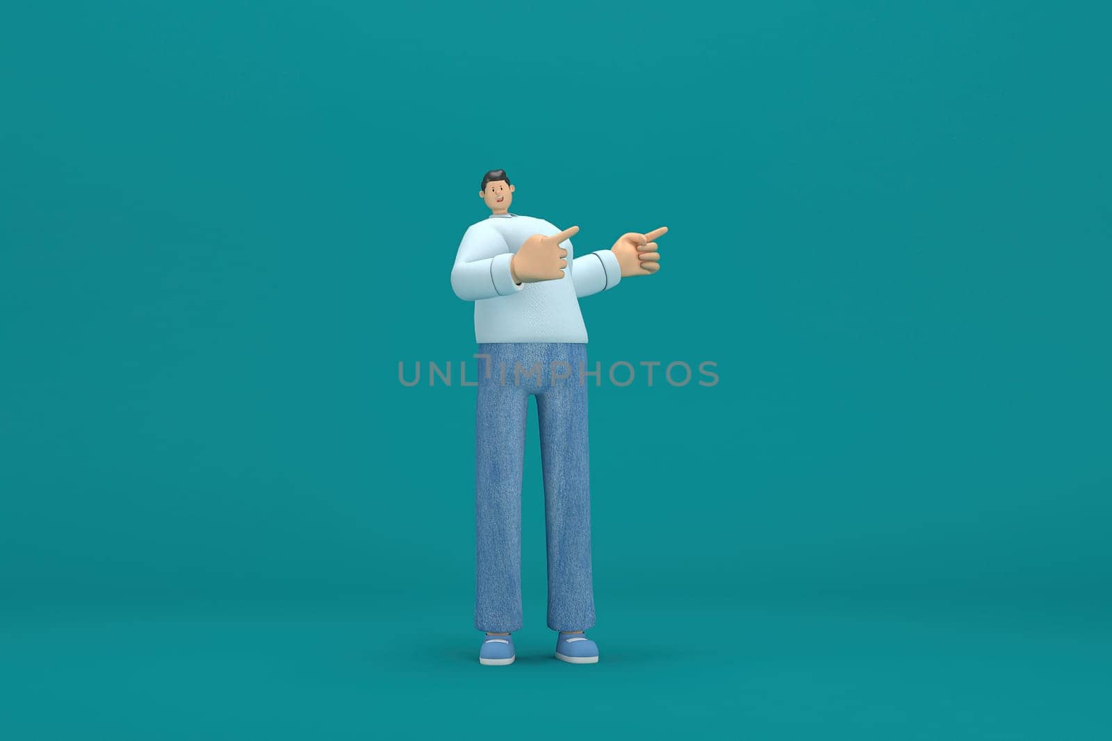 cartoon character wearing jeans and  long shirt. He is expression  of body and hand when talking. 3d rendering in acting.