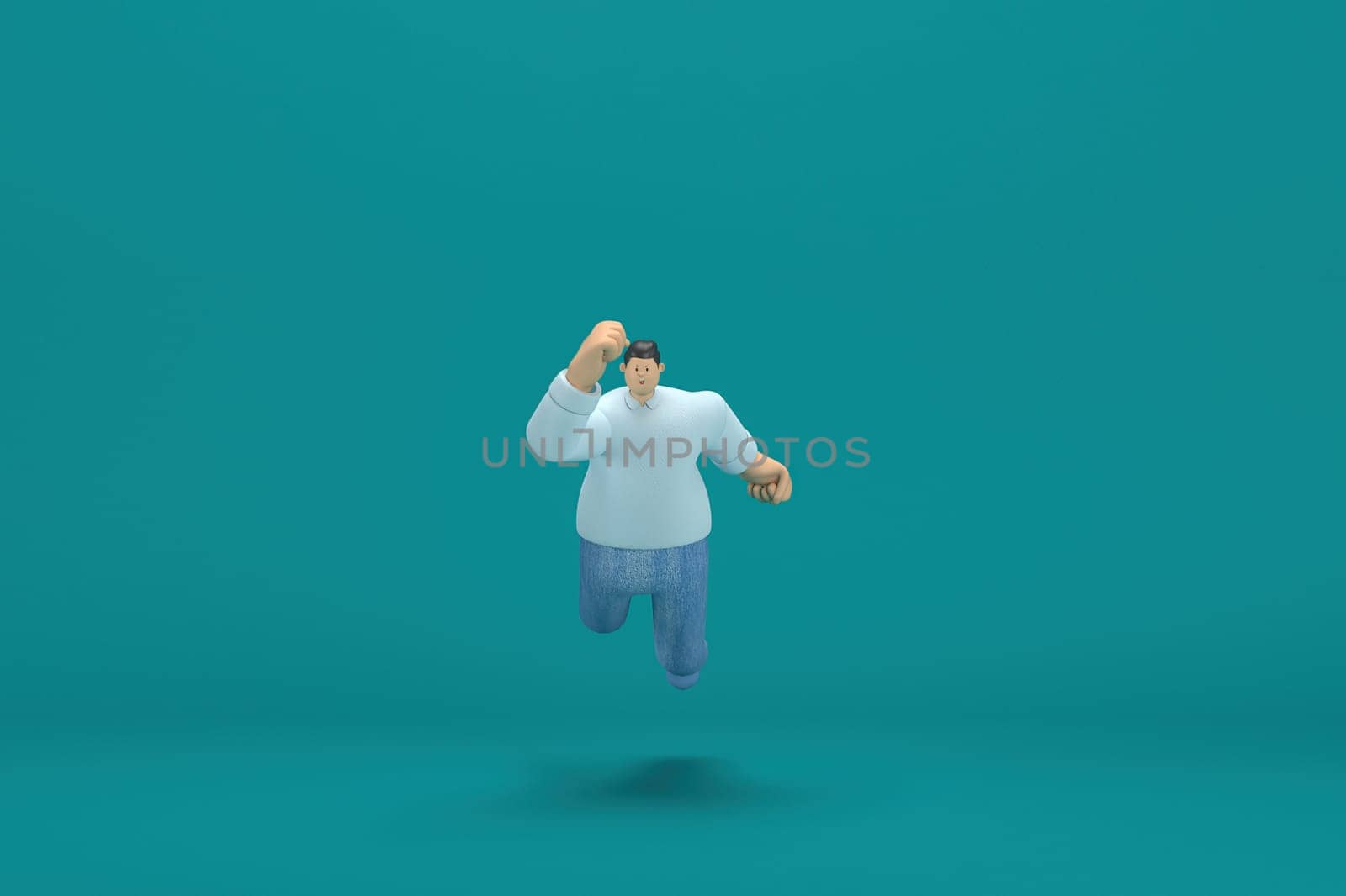 cartoon character wearing jeans white long shirt.  3d illustrator in acting. He is running.