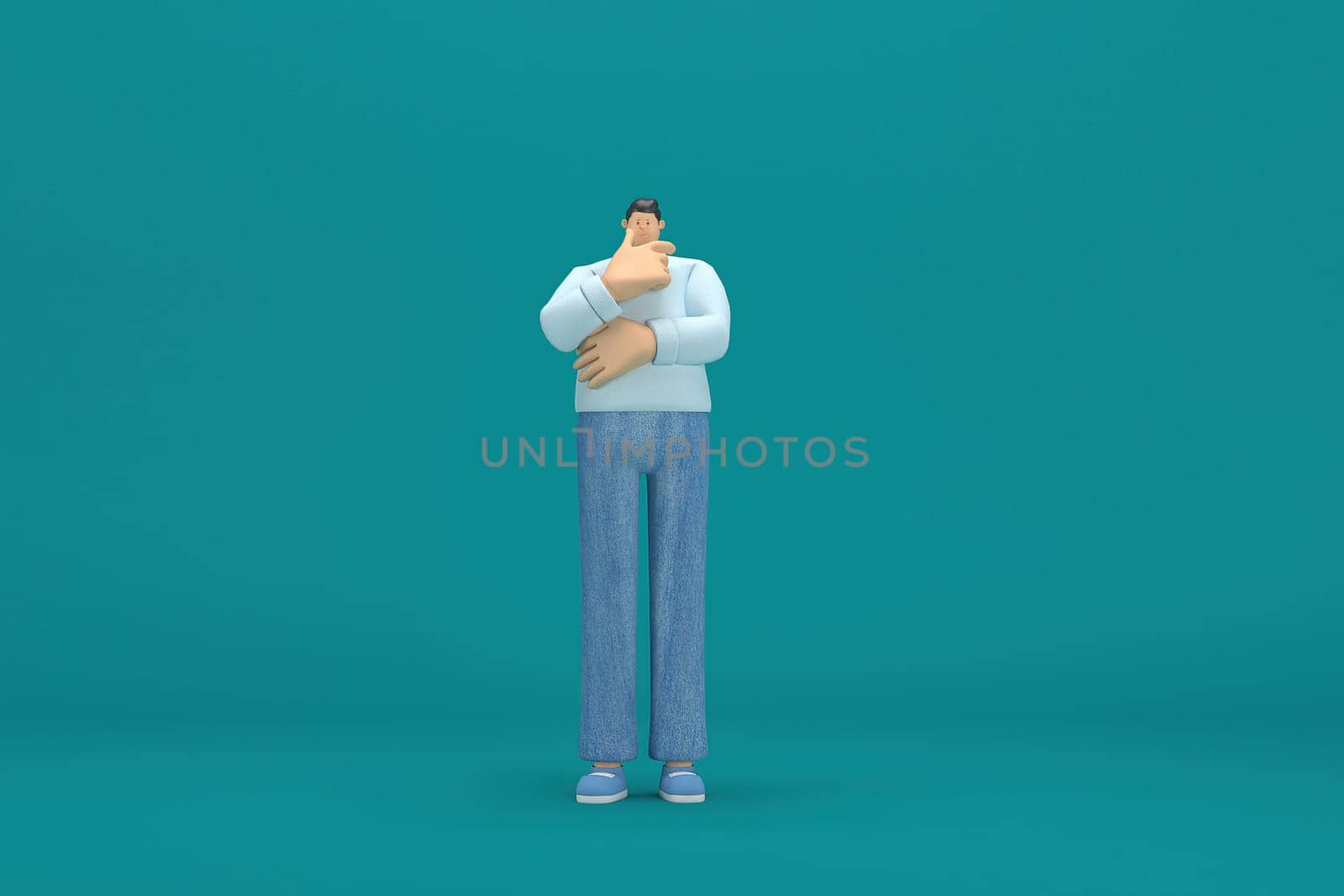 cartoon character wearing jeans and  long shirt. He is expression  of body and hand when talking. 3d rendering in acting.