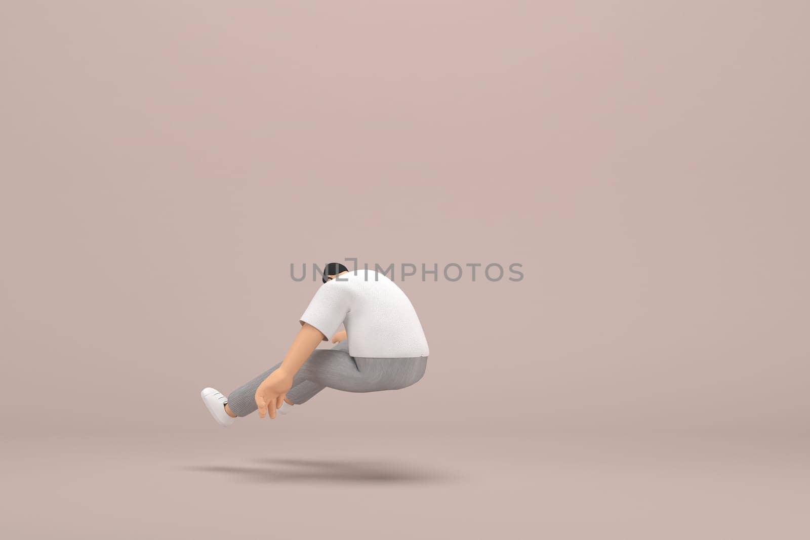 The man with beard wearinggray corduroy pants and white collar t-shirt.  3d illustrator of cartoon character in acting. He is jumping.