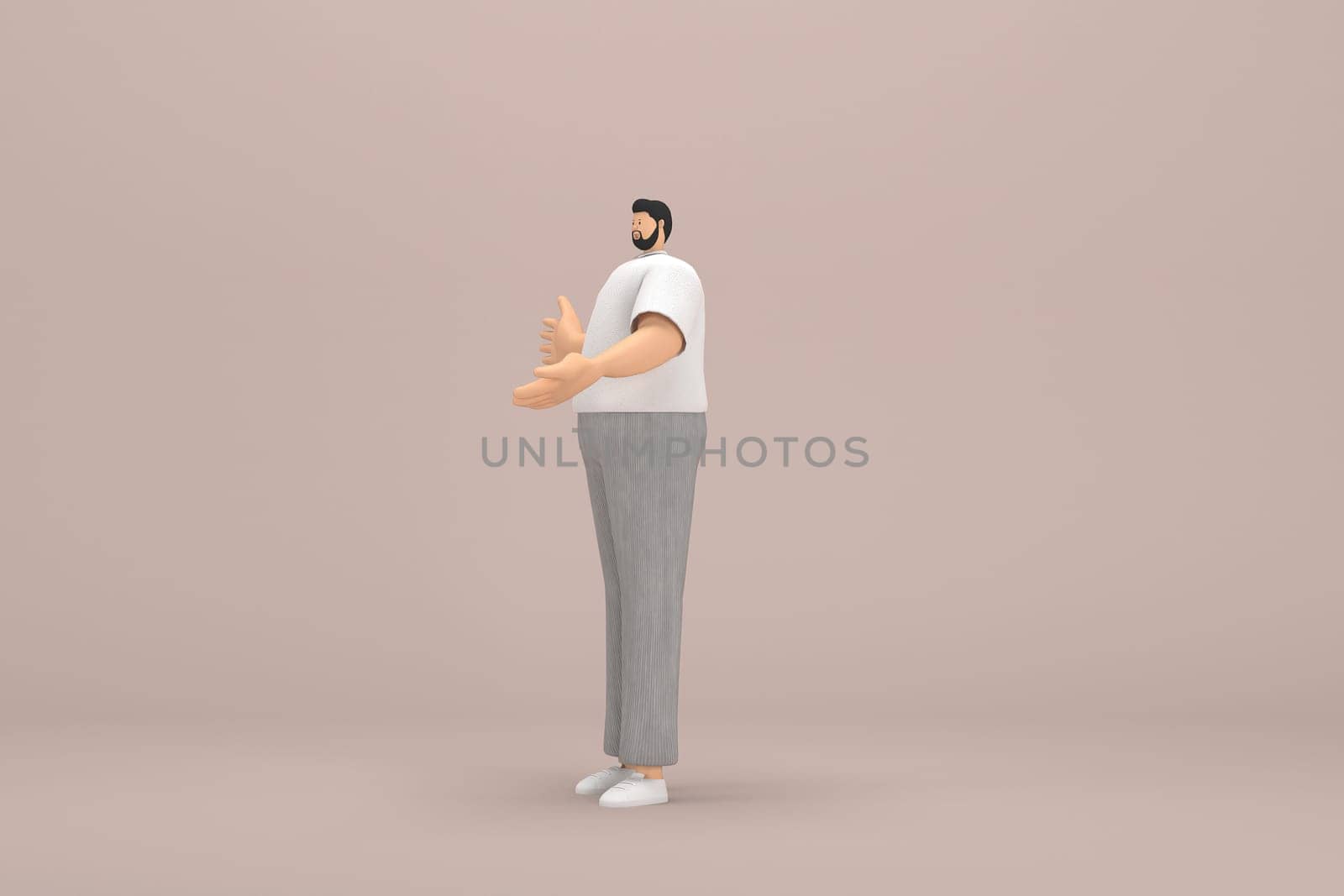 The man with beard wearinggray corduroy pants and white collar t-shirt.  He is expression  of hand when talking. 3d illustrator of cartoon character in acting.