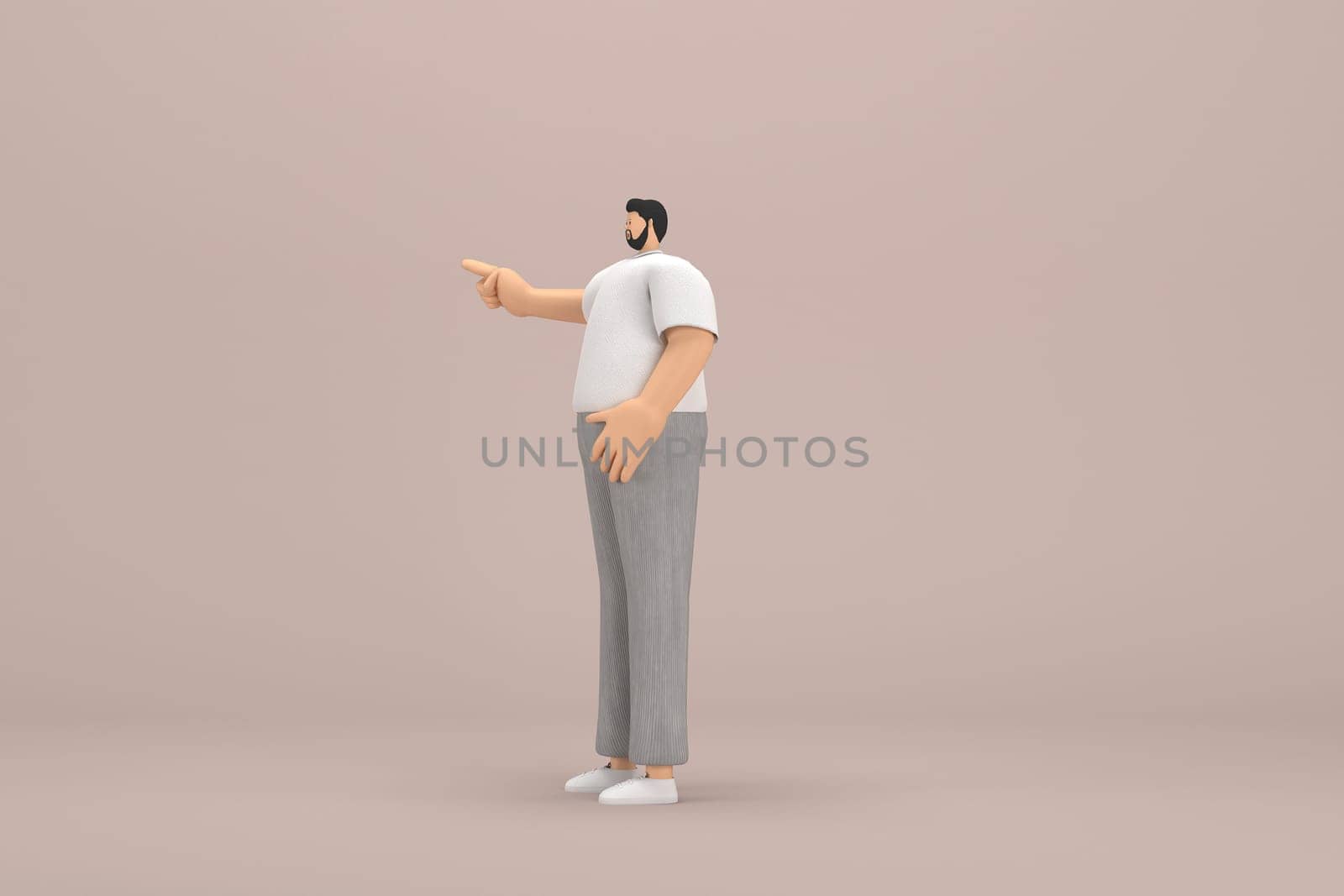 The man with beard wearinggray corduroy pants and white collar t-shirt.  He is expression  of hand when talking. 3d illustrator of cartoon character in acting.