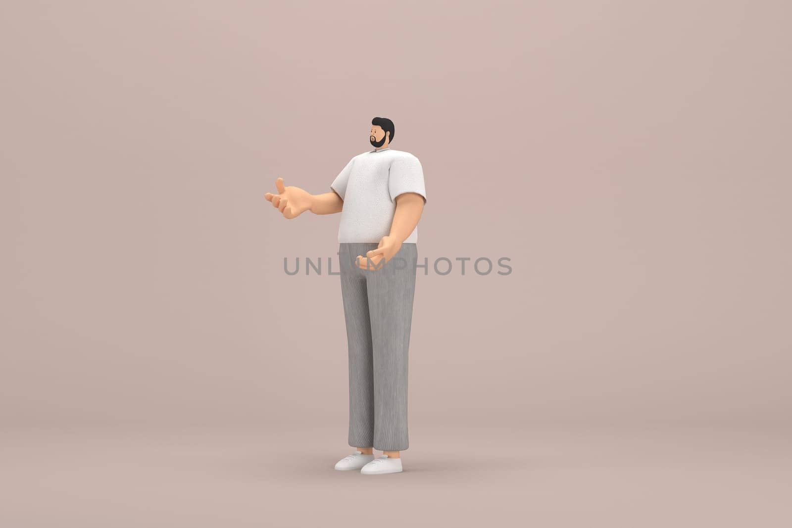 The man with beard wearinggray corduroy pants and white collar t-shirt.  He is expression  of hand when talking. 3d illustrator of cartoon character in acting.