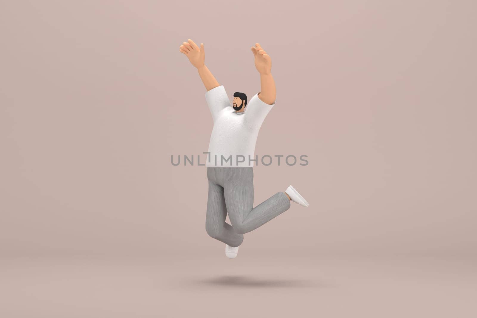 The man with beard wearinggray corduroy pants and white collar t-shirt.  3d illustrator of cartoon character in acting. He is jumping.