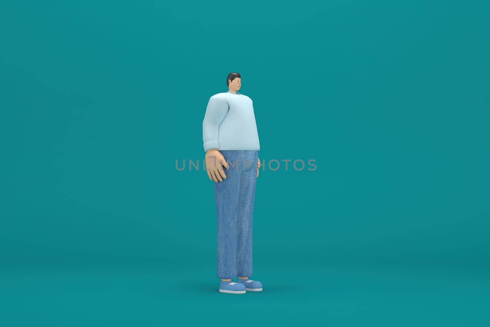 cartoon character wearing jeans and  long shirt. He is expression  of body and hand when talking. 3d rendering in acting.