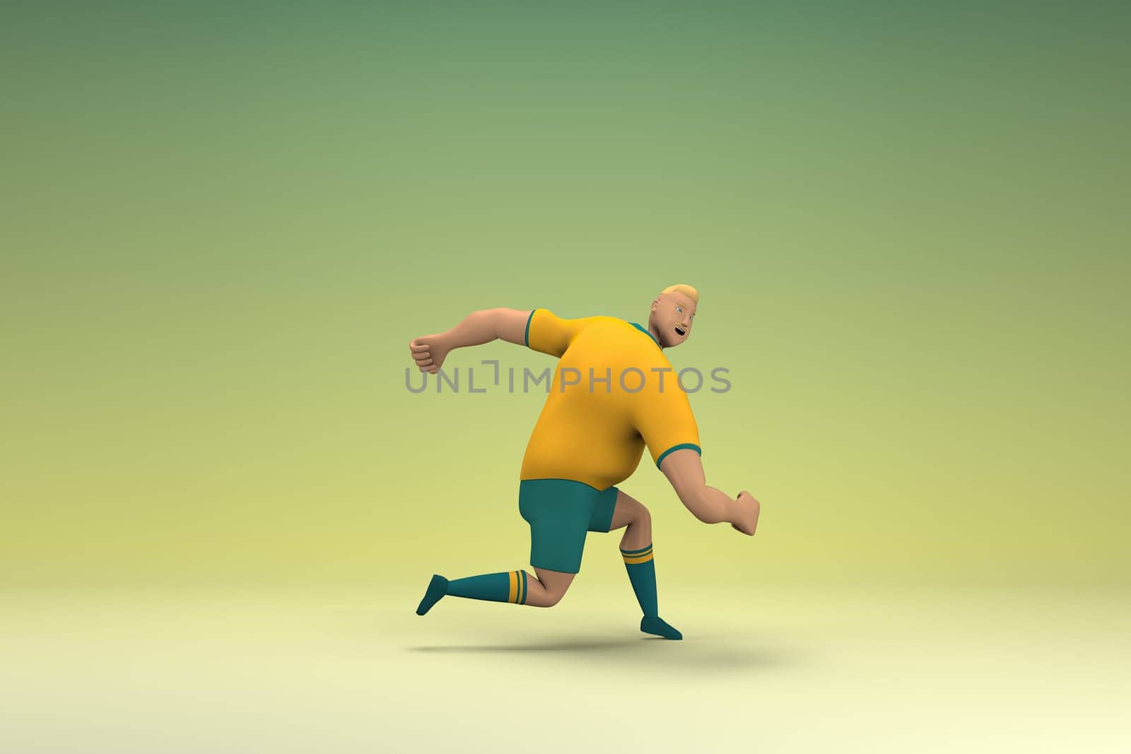 An athlete wearing a yellow shirt and green pants is runing. 3d rendering of cartoon character in acting.