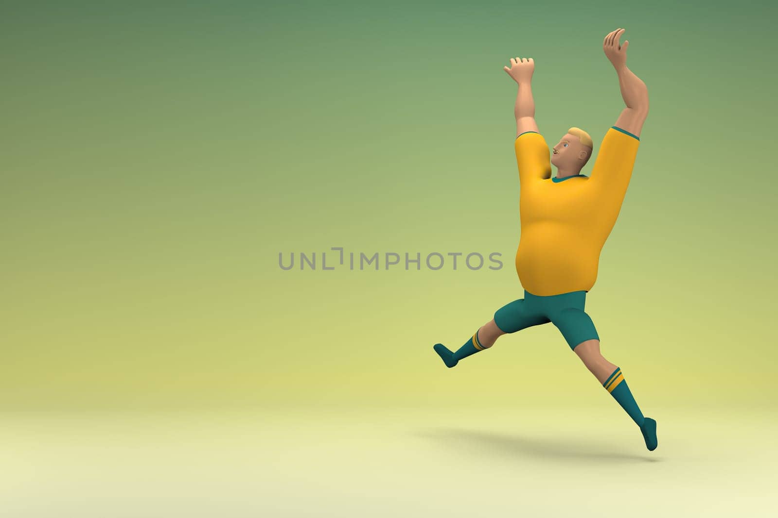 An athlete wearing a yellow shirt and green pants. He is doing exercise. 3d rendering of cartoon character in acting.