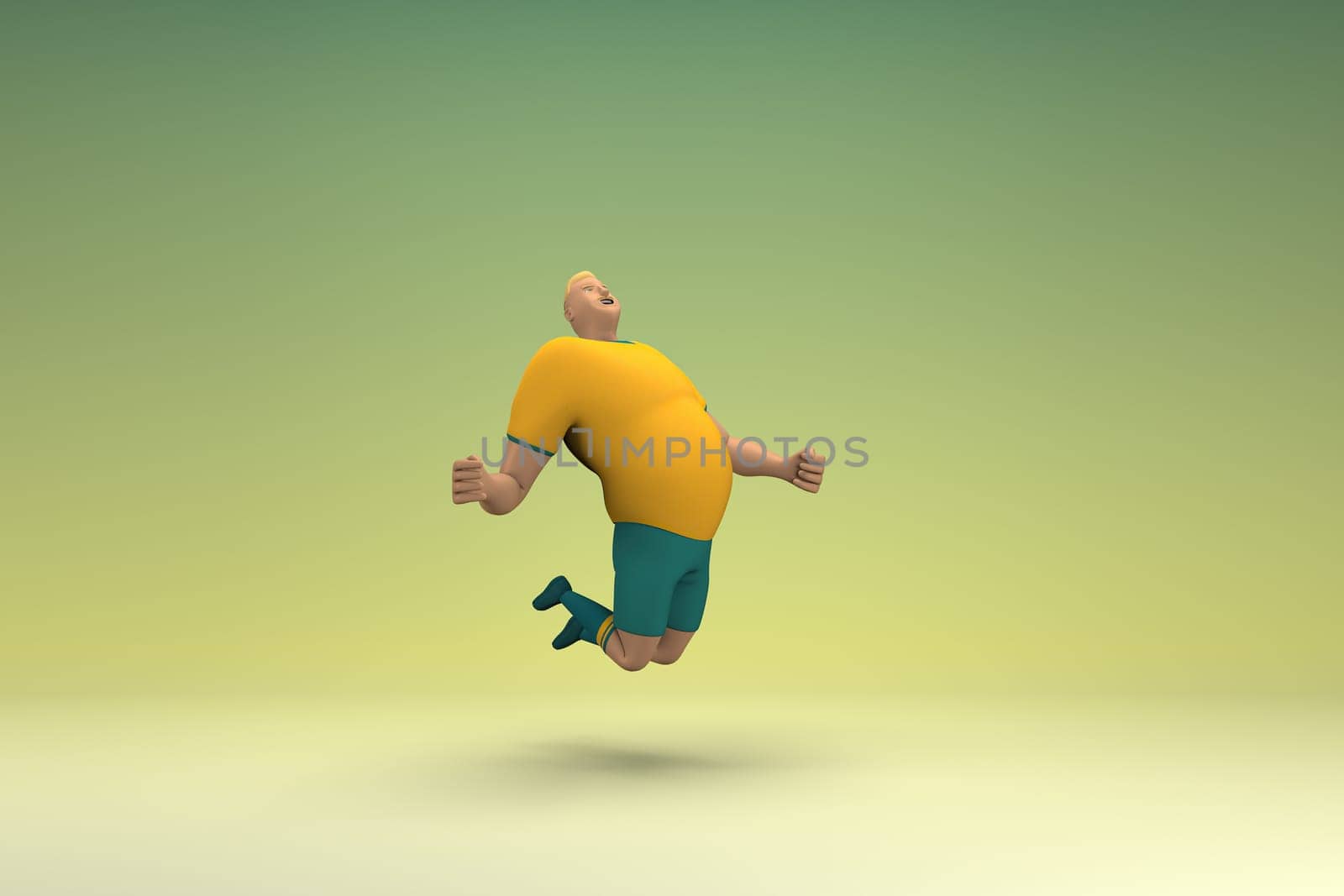An athlete wearing a yellow shirt and green pants is jumping. 3d rendering of cartoon character in acting.
