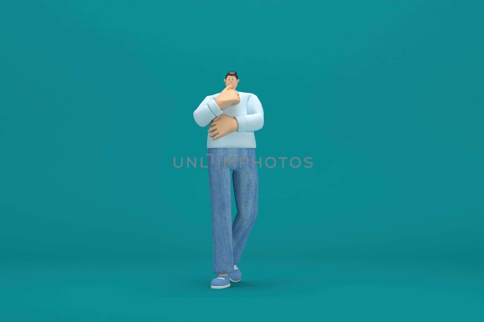cartoon character wearing jeans and  long shirt. He is expression  of body and hand when talking. 3d rendering in acting.