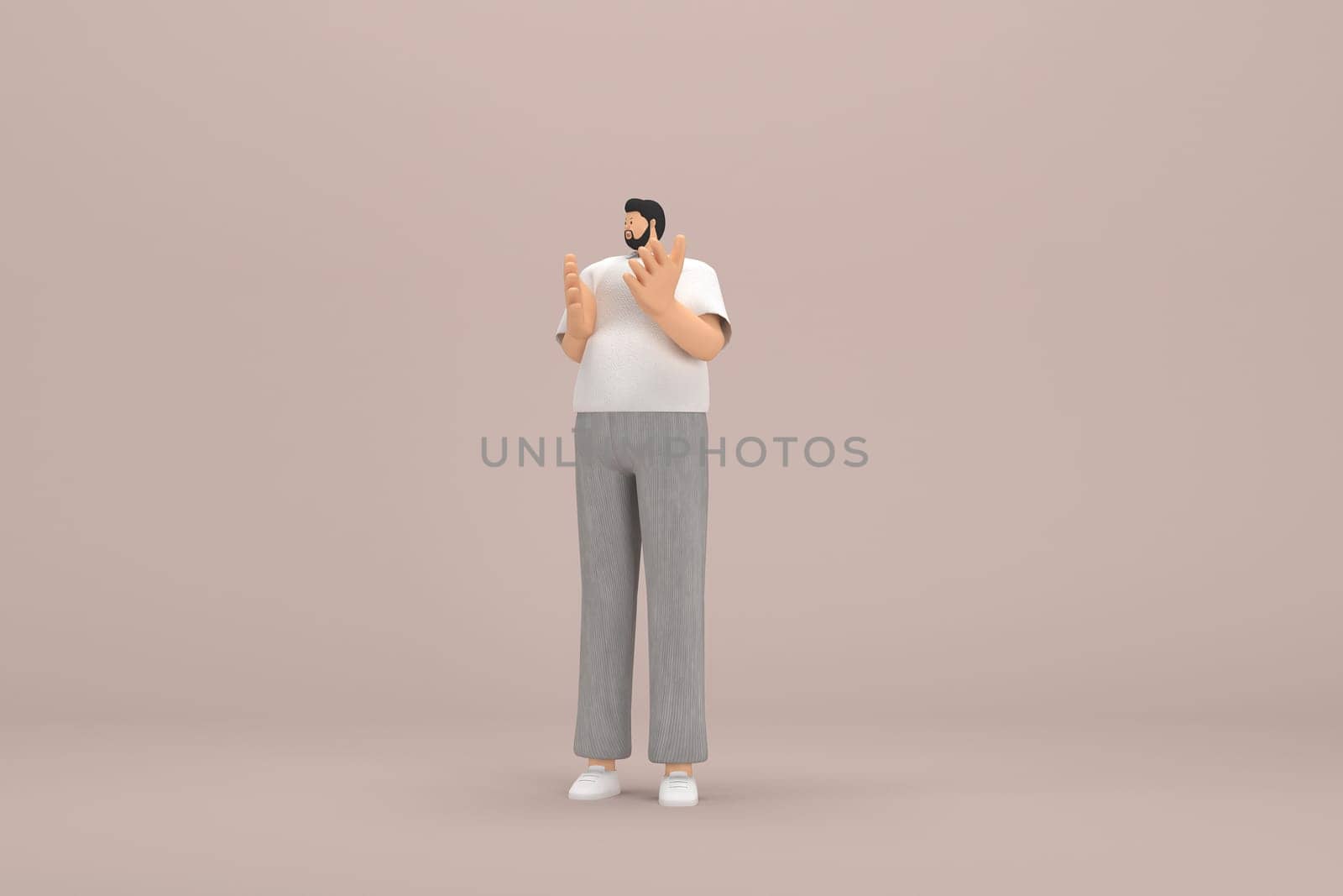 The man with beard wearinggray corduroy pants and white collar t-shirt.  He is expression  of hand when talking. 3d illustrator of cartoon character in acting.