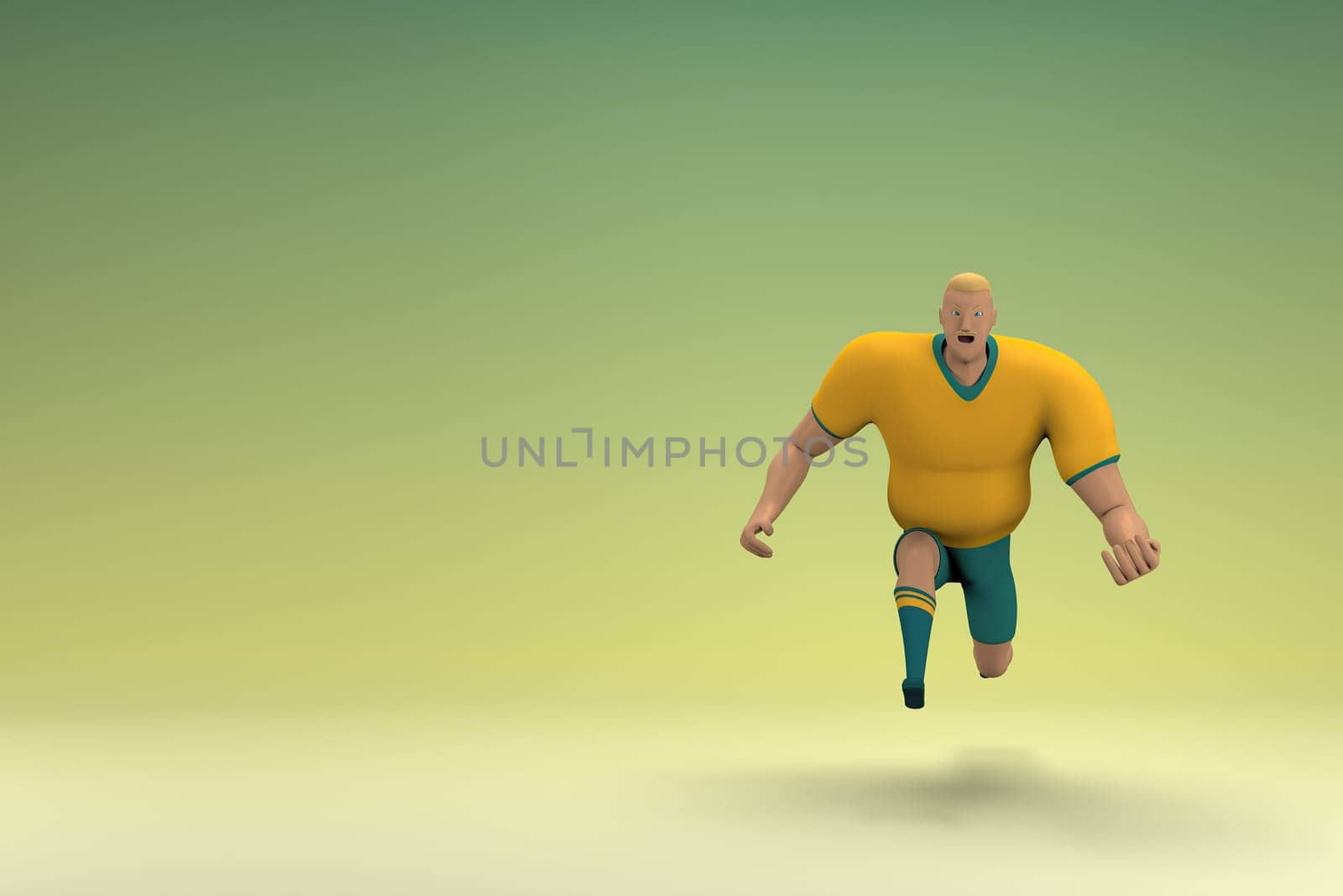 An athlete wearing a yellow shirt and green pants is jumping. 3d rendering of cartoon character in acting.