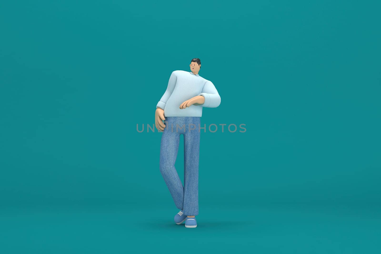 cartoon character wearing jeans and  long shirt. He is expression  of body and hand when talking. 3d rendering in acting.