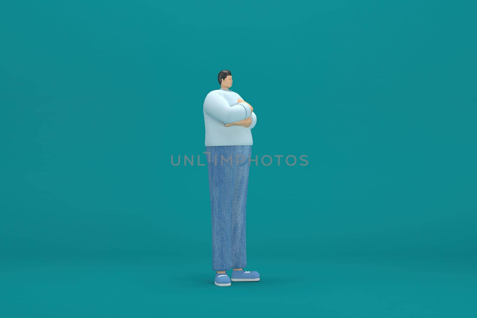cartoon character wearing jeans and  long shirt. He is expression  of body and hand when talking. 3d rendering in acting.