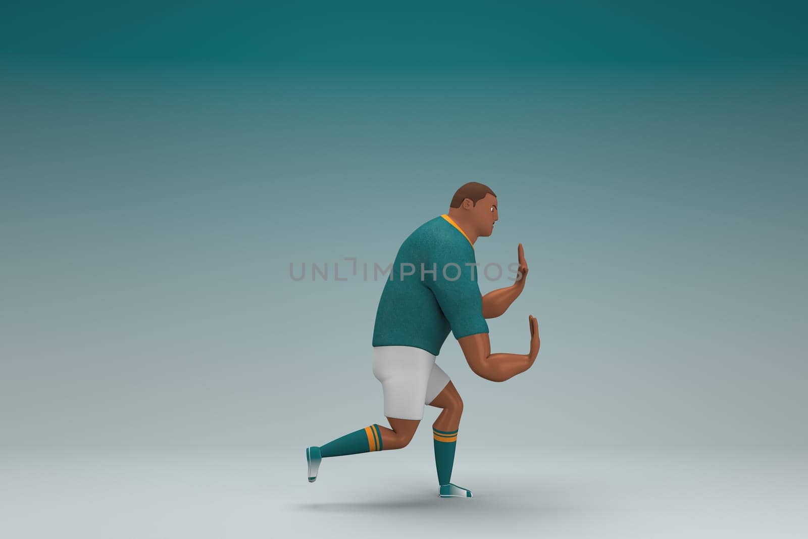 An athlete wearing a green shirt and white pants. He is pulling or pushing something. 3d rendering of cartoon character in acting.