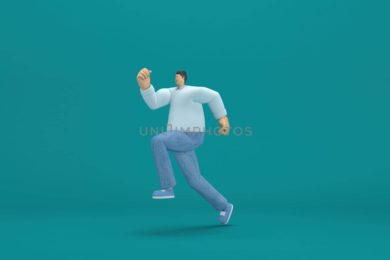 cartoon character wearing jeans white long shirt.  3d illustrator in acting. He is running.