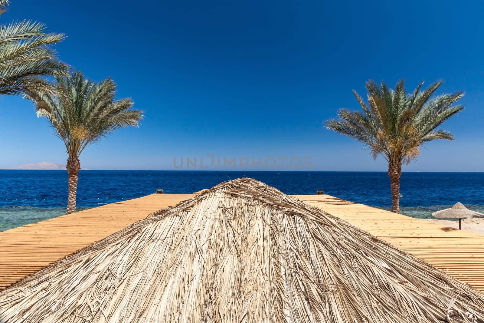 The beach at the luxury hotel, Sharm el Sheikh, Egypt. top view of the wooden roof