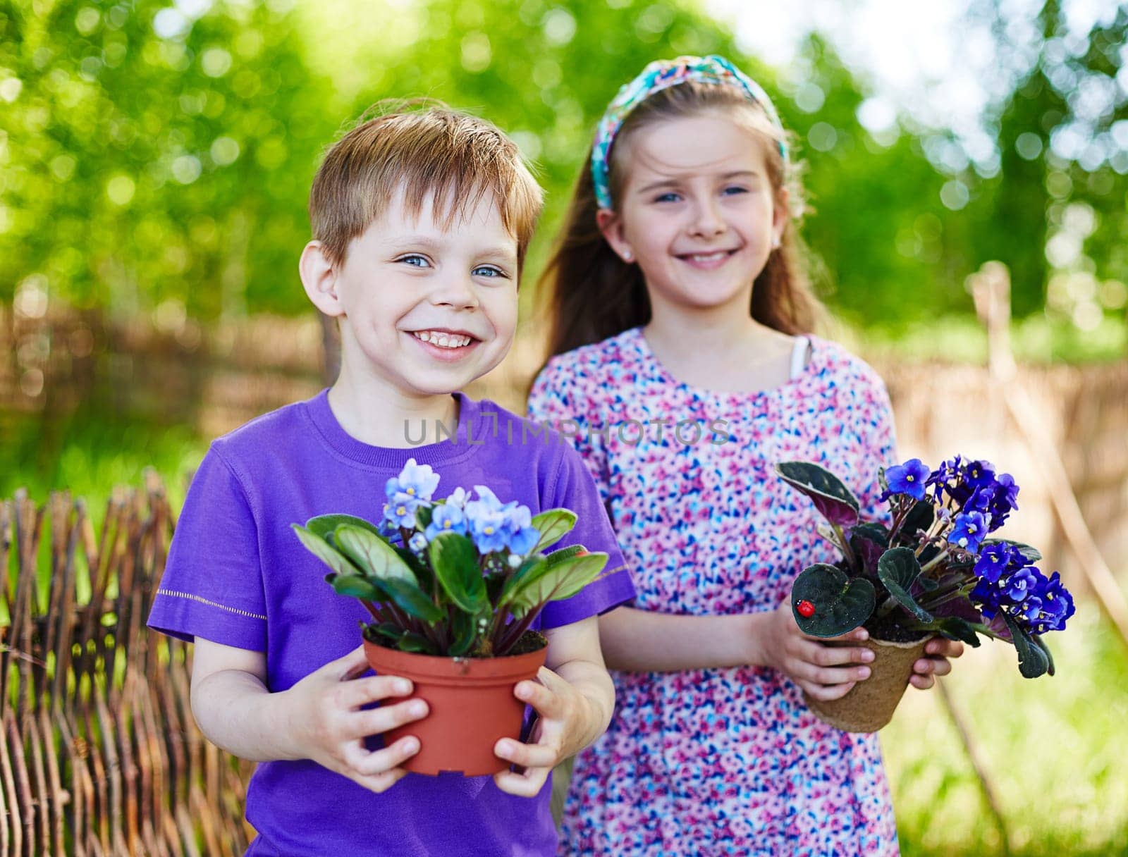 Cute friends with newly planted violets looking at camera outdoors
