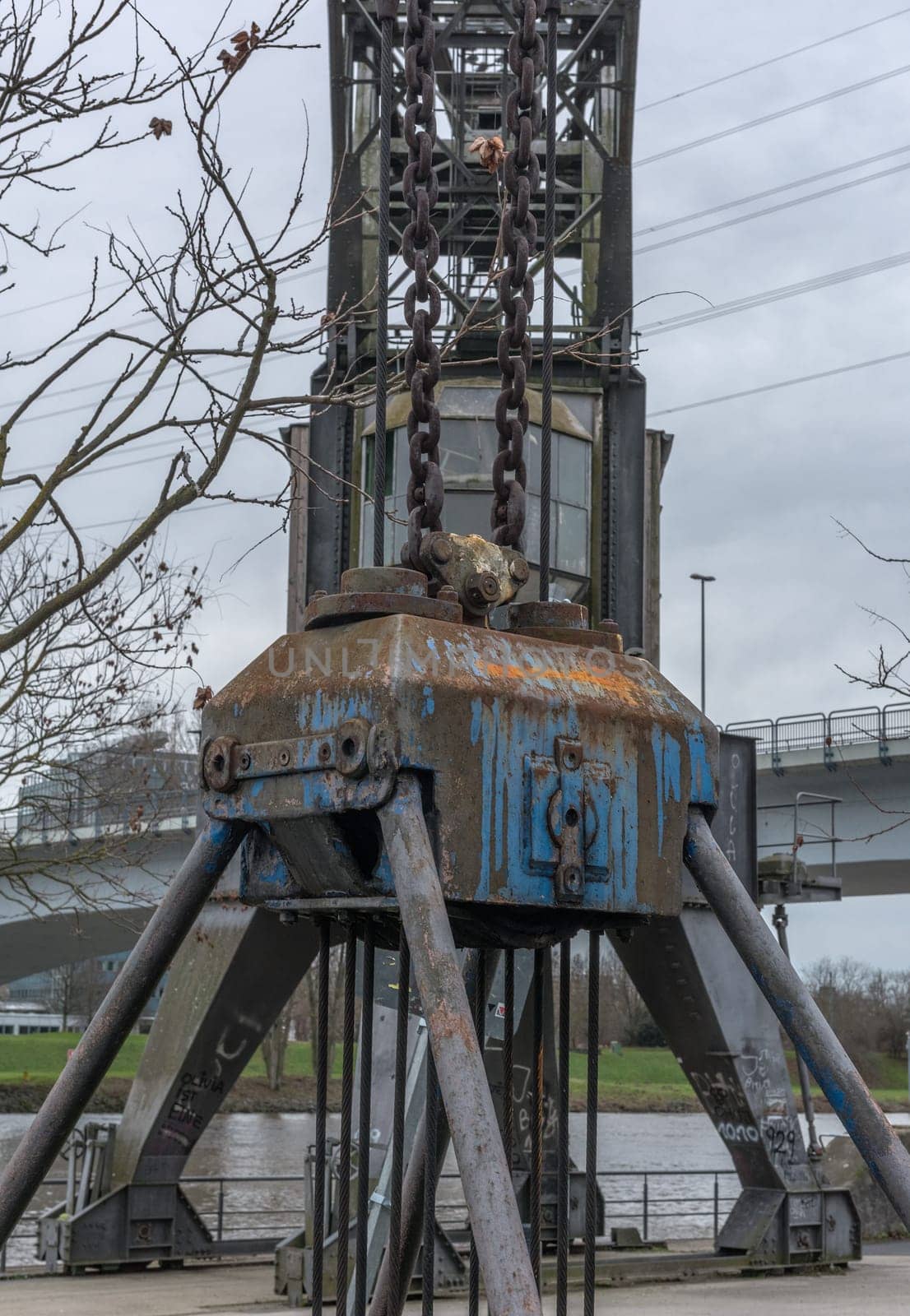 Industrial monument coal crane on the banks of the main river of Frankfurt-Hoechst
