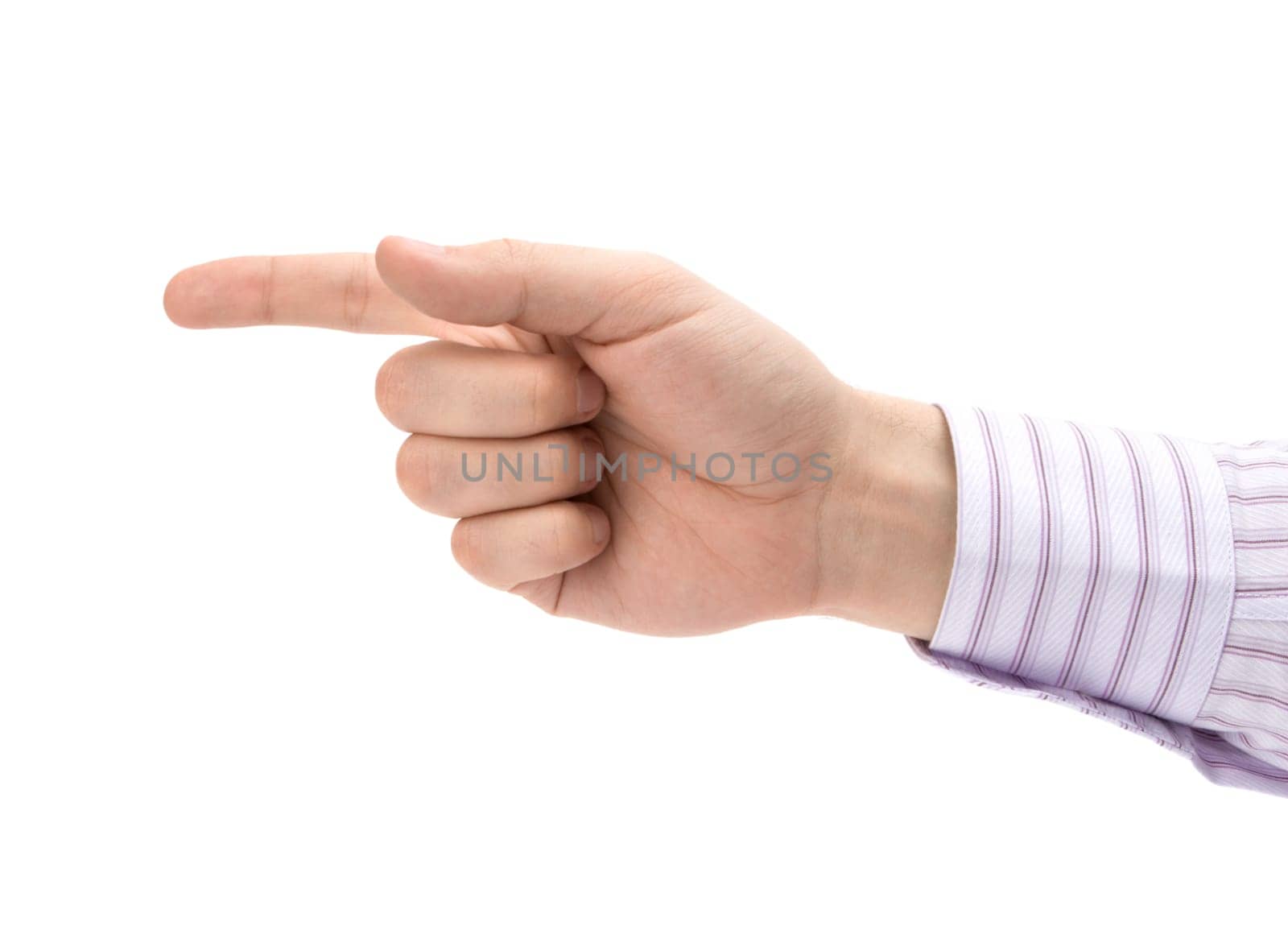 Man's pointing finger isolated on white
