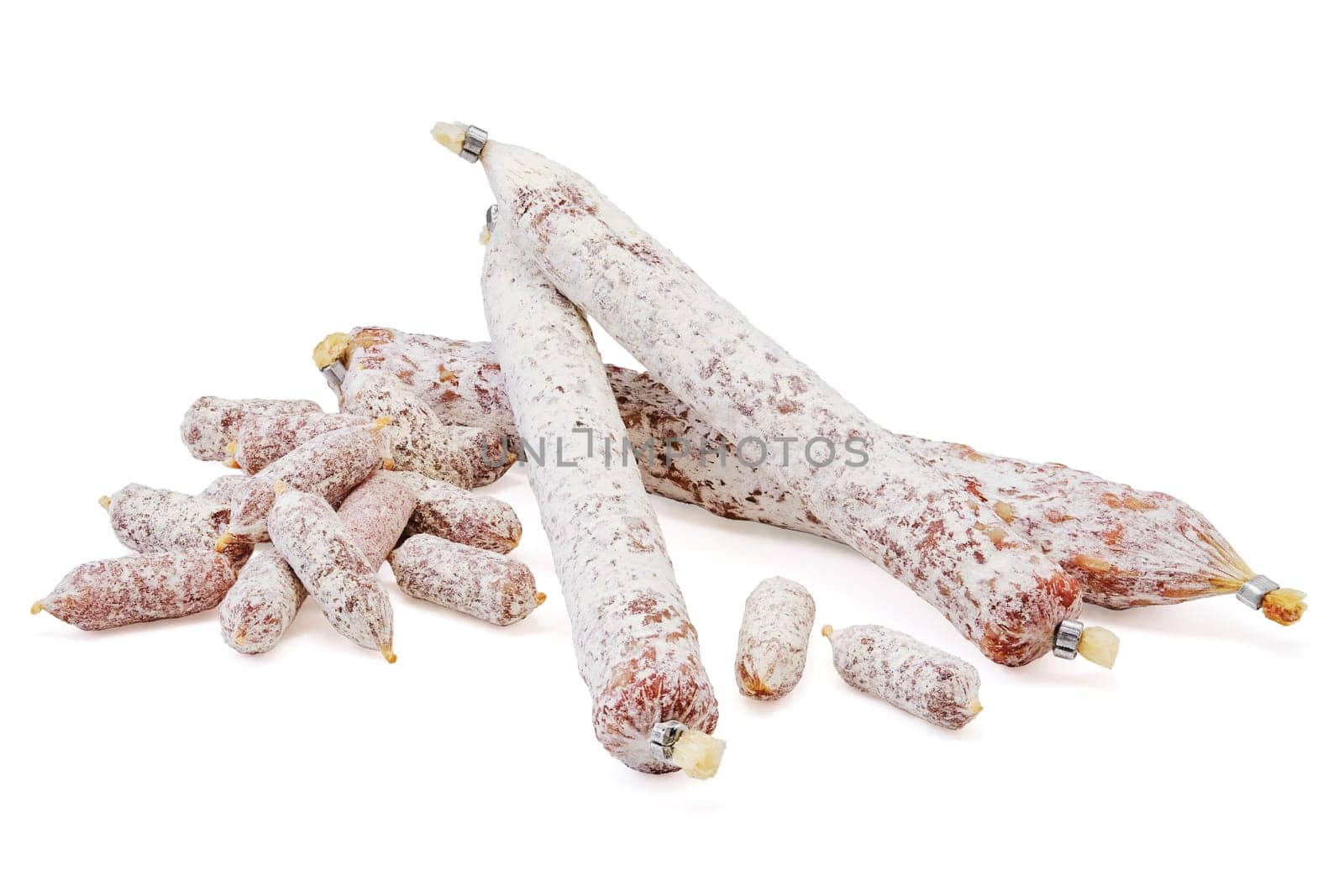 Assortment of fermented sausage covered with white mold