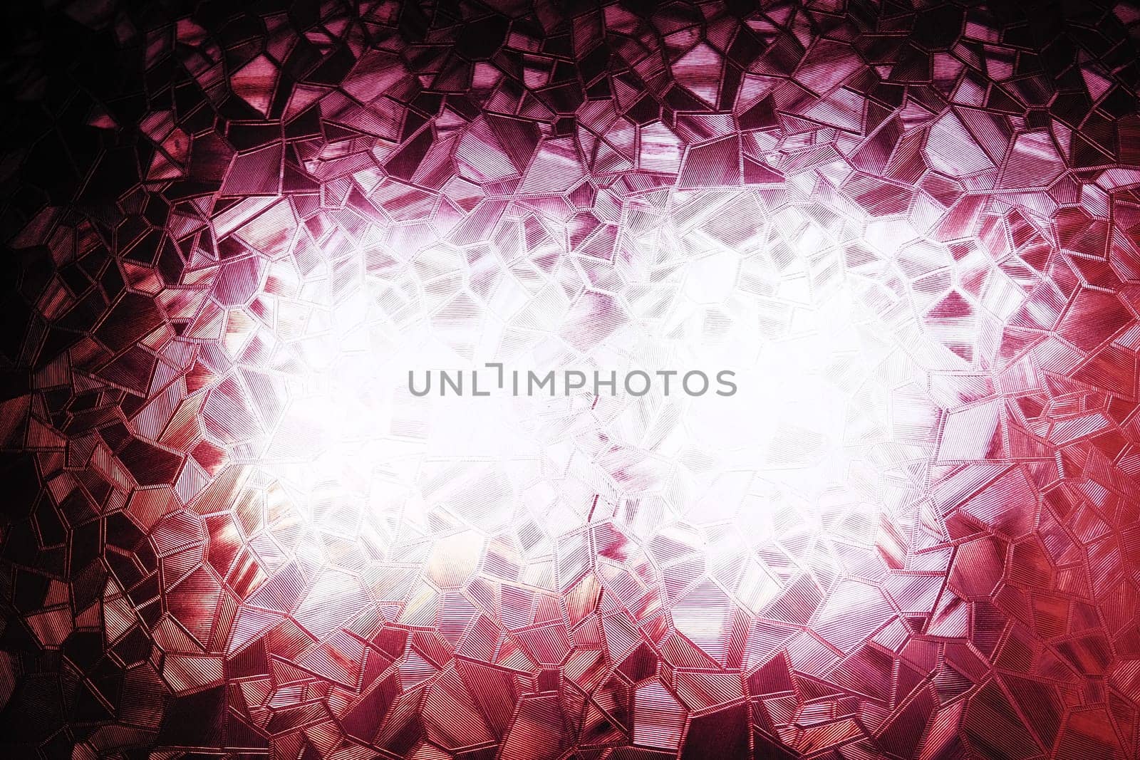Embossed glass background. Corrugated glass pink monochrome. Refraction of light in a bumpy transparent surface under backlight. The play of highlights. Black red pink areas. Abstract background.
